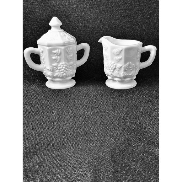 Westmoreland Other - Westmoreland Milk Glass Paneled Grape Cream and Sugar Set with Lid Vintage MCM
